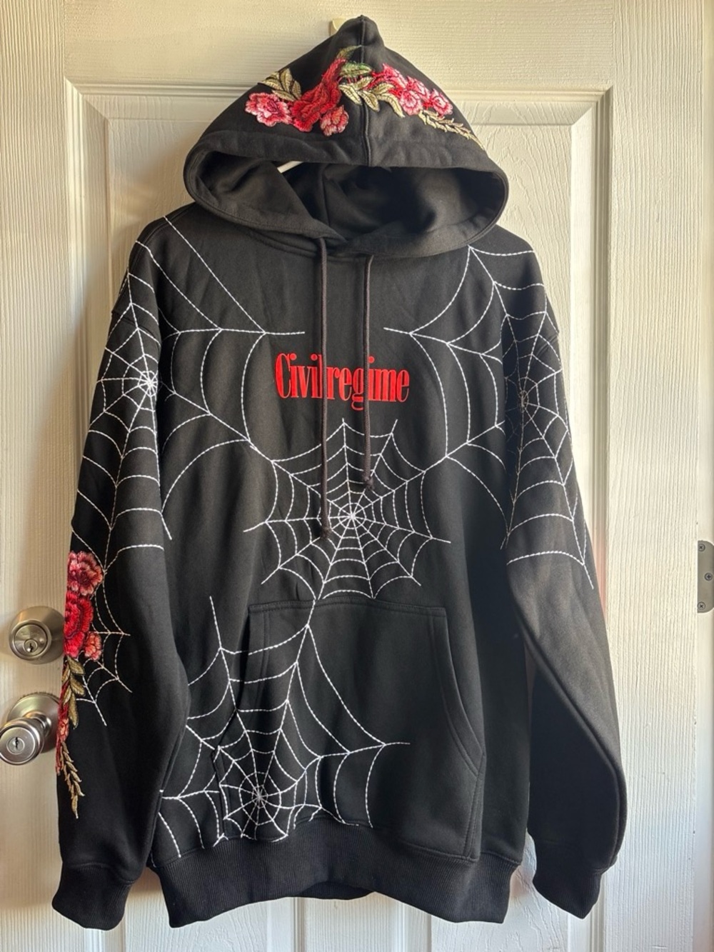 🕸️Civil Regime Black Medium Pullover Hoodie Spiderweb Rose Graphic Embroidered